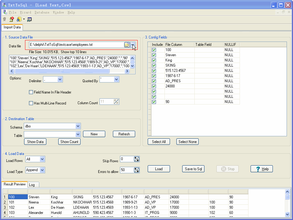 Import data from Csv (Txt) to Sql Server - select csv file