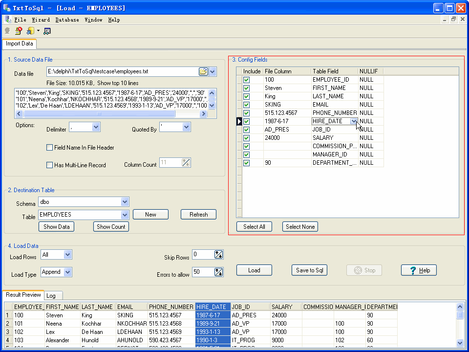 Import data from Csv (Txt) to Sql Server - config load fields