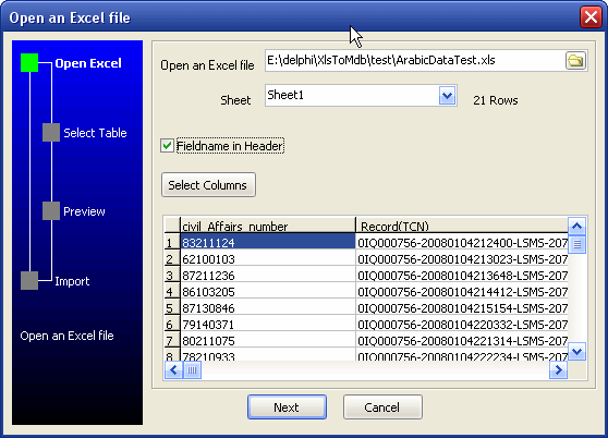 Excel to Access wizard - Open Excel file