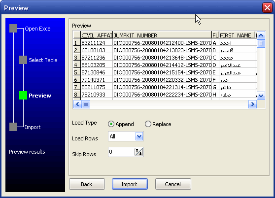 Excel to Access wizard - preview