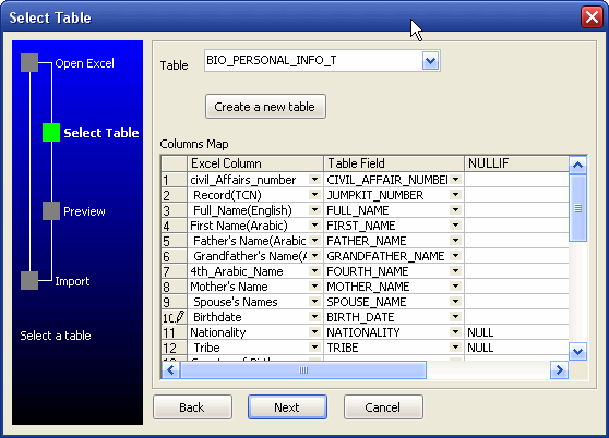 Excel to Access wizard - select table