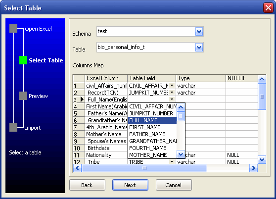 Excel to Mysql wizard - select table