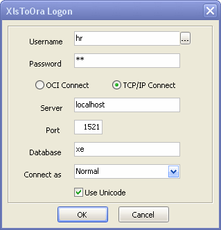 XlsToOra Logon to Oracle