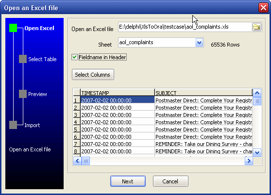 Excel to Oracle wizard - Open Excel file