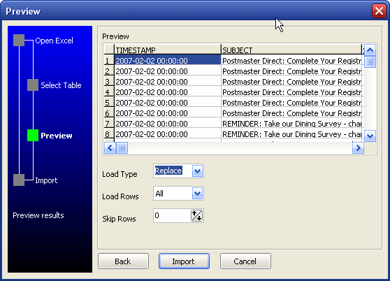 Excel to Oracle wizard - preview