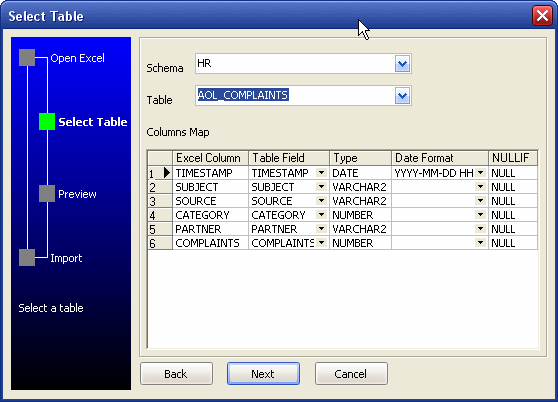 Excel to Oracle wizard - select table