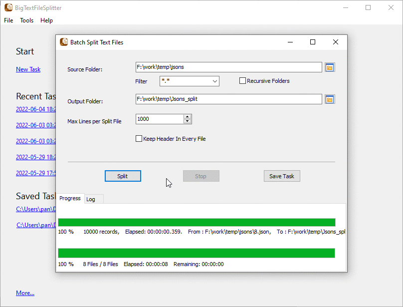 Batch split big text files - split