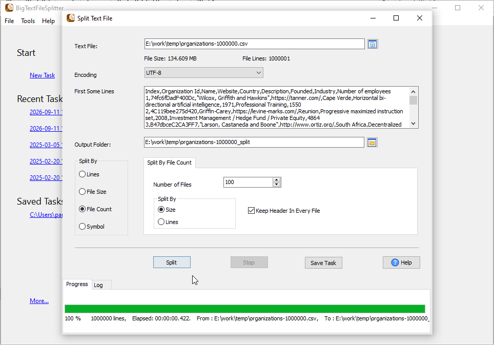 Split a large CSV file into a fixed number of files (N files) by file size or by line count