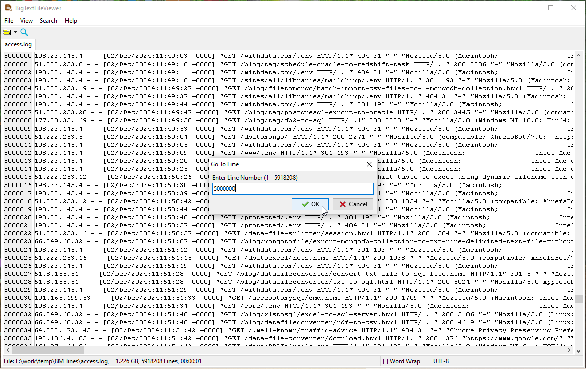 go to specific line of the LOG file