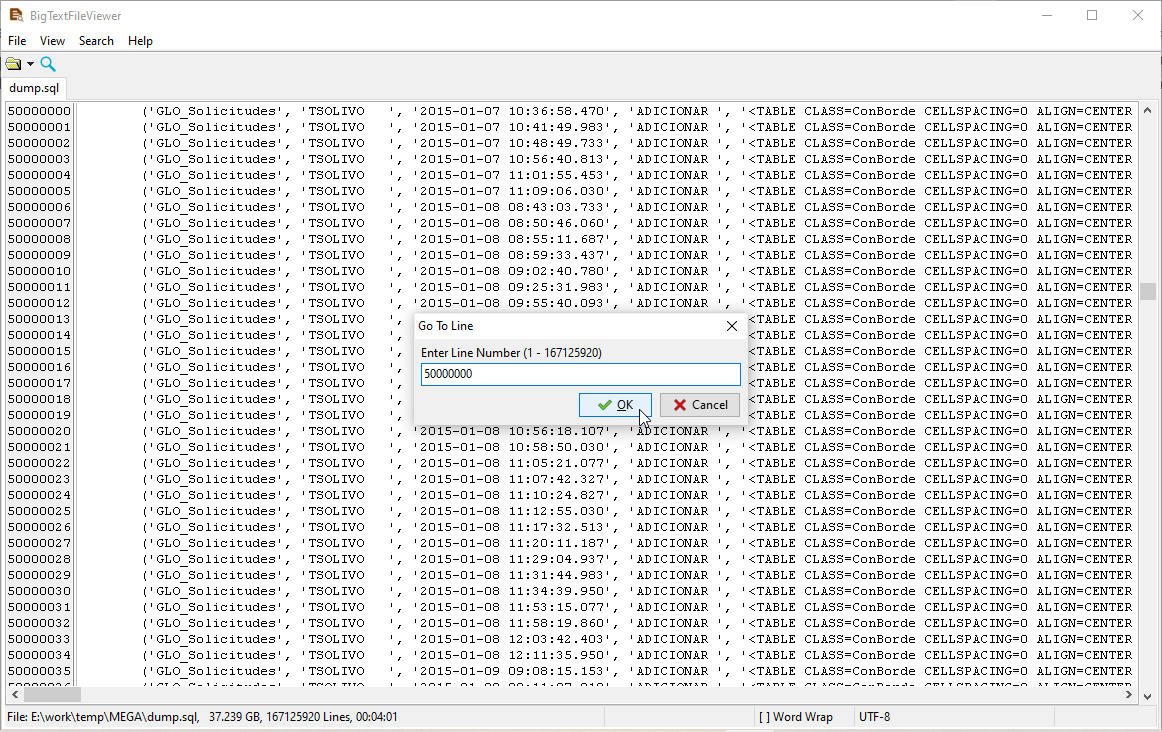 go to specific line of the SQL file