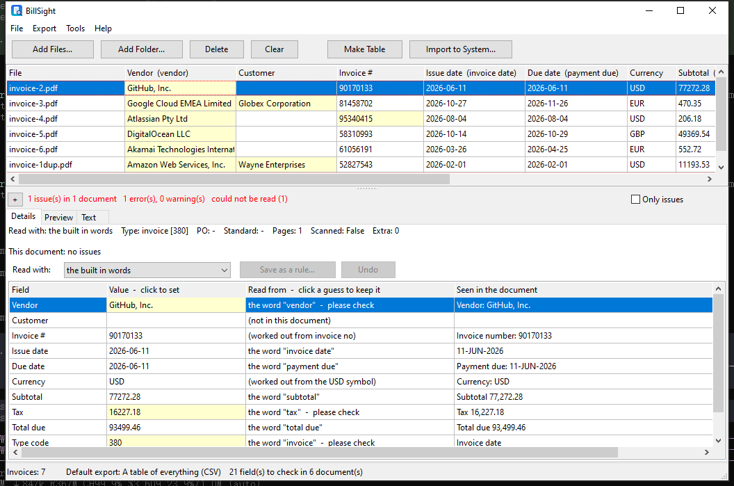 BillSight reading a folder of invoices into a table