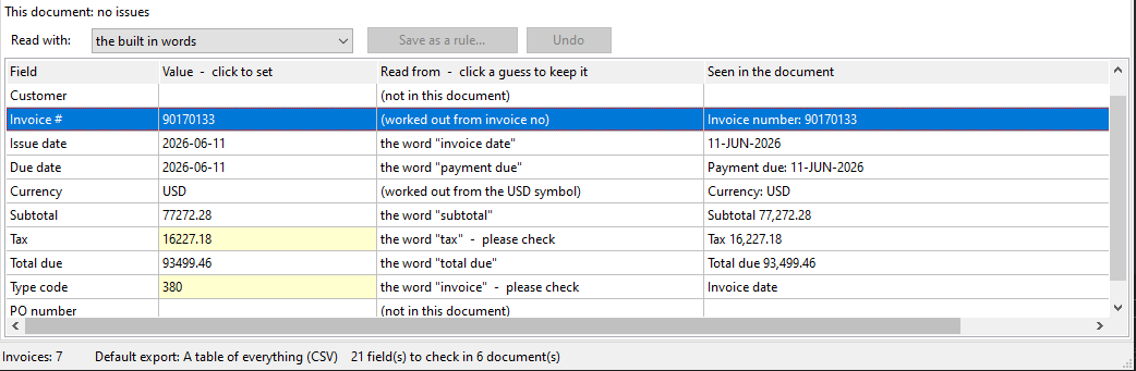Details page: value, how it was found, and the line it came from