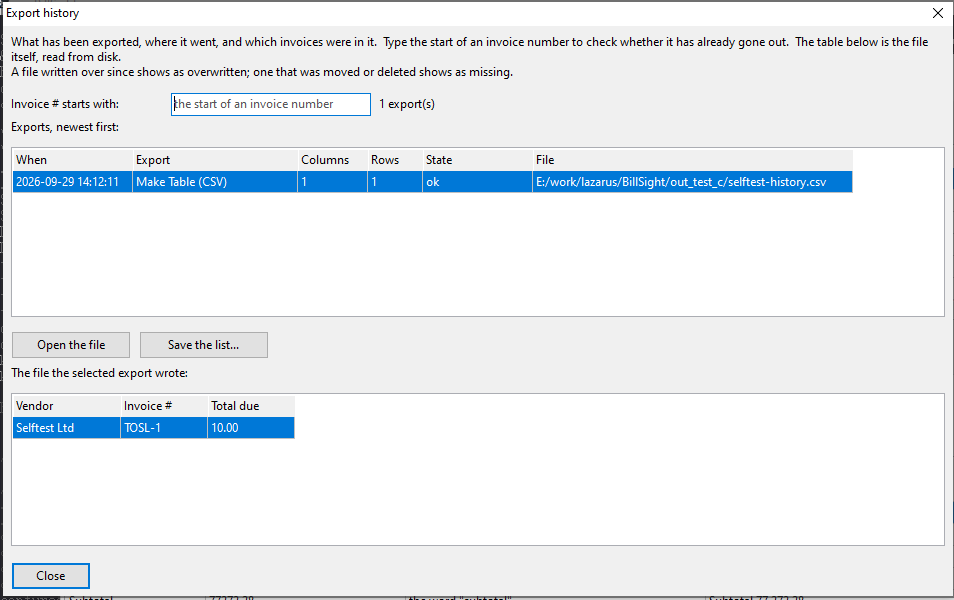 Export history: what went out, and the file it wrote