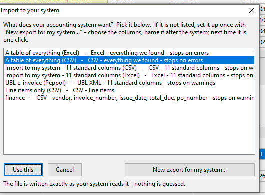 Import to your system - choosing an export template