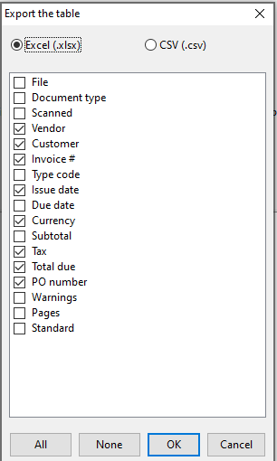 Choosing the columns for the exported table