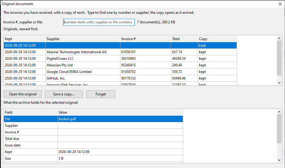 Original documents: the invoices BillSight kept