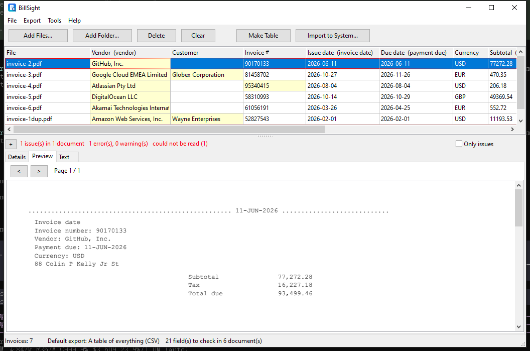 Preview of the invoice page
