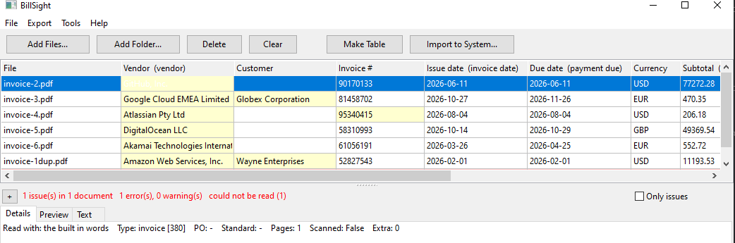 A batch of invoices read into one table