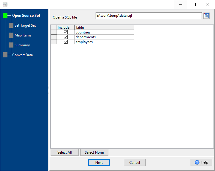 bulk convert each table data in a SQL file to a separate TSV file - select SQL file