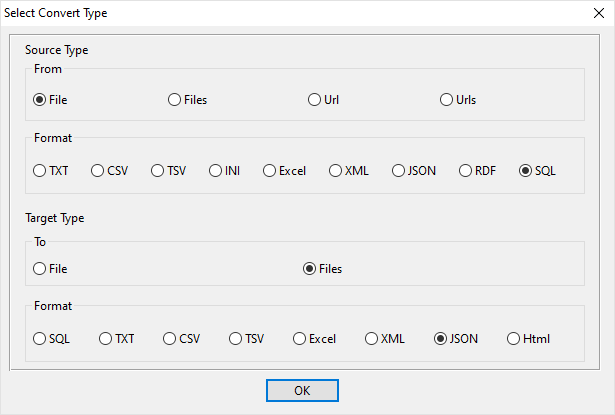 extract each table data in a SQL file to a separate JSON file - select type