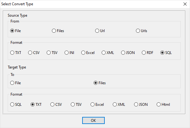 extract each table data in a SQL file to a separate TXT file - select type