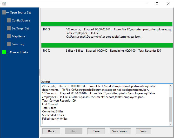 batch convert SQL files to JSON files - convert files