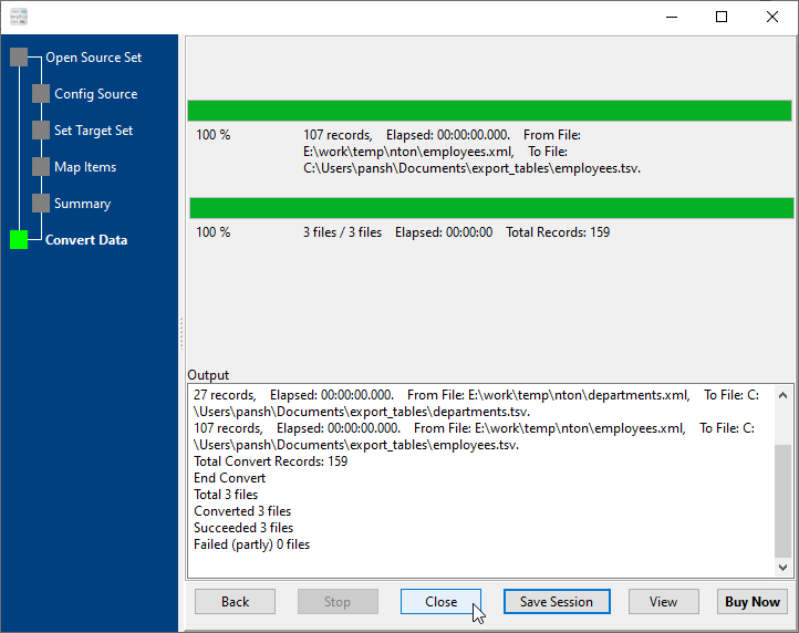 batch convert XML files to TSV files - convert files