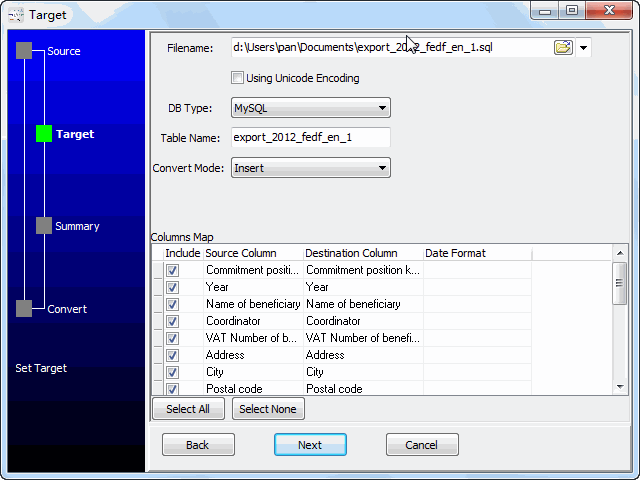 convert online EXCEL file to SQL file - config SQL file