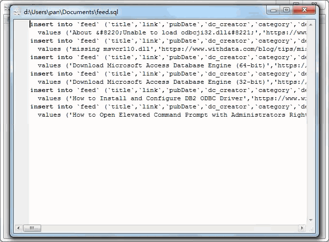 convert online RSS feed to Sql file - view  Sql file