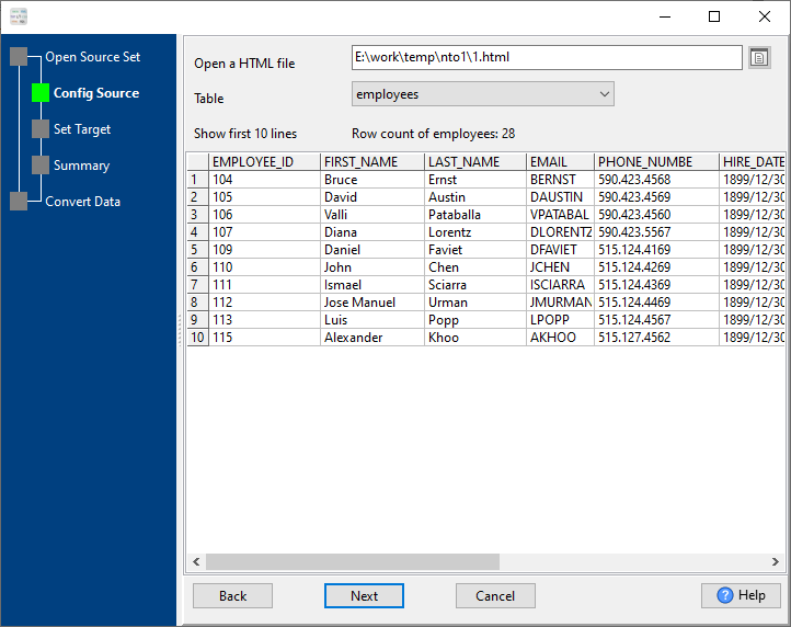 Generate a CSV file by multiple HTML files - config first source HTML file