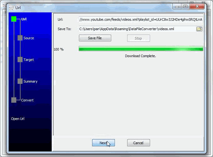 Retrieve youtube playlist to Sql file - download from youtube playlist URL to XML file