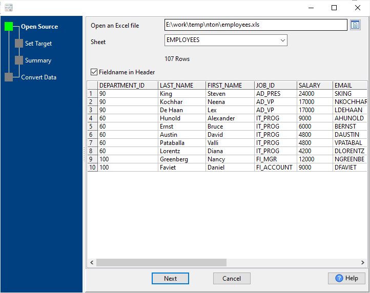 transform Excel file to HTML file - open a Excel file