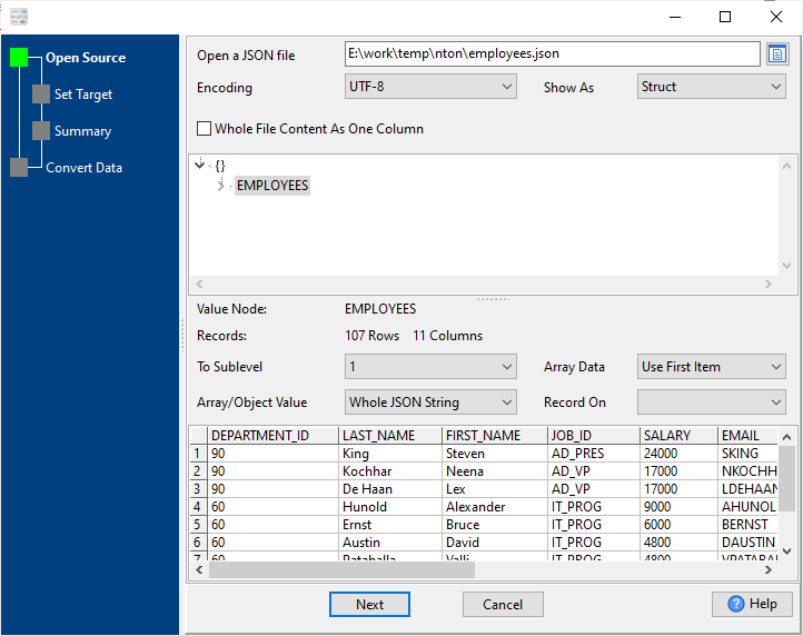 transform JSON file to Excel file - open a JSON file