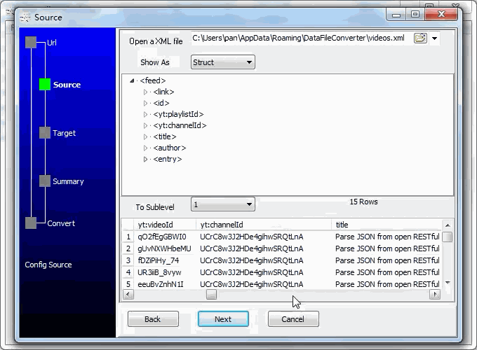 Store youtube playlist to Sql file - open saved XML file