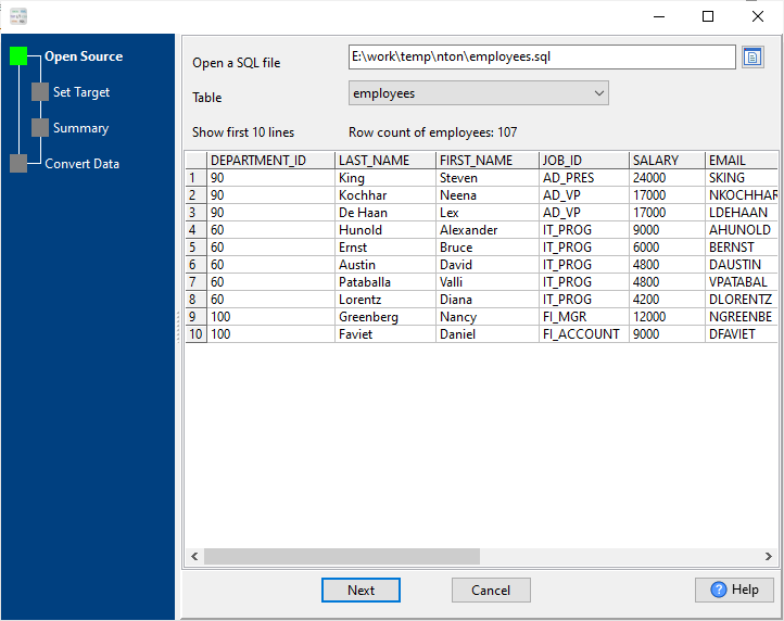 transform SQL file to JSON file - open a SQL file