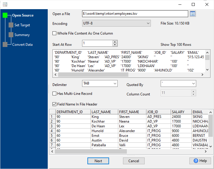 transform TSV file to JSON file - open a TSV file