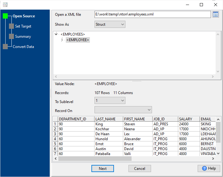 transform XML file to SQL file - open a XML file