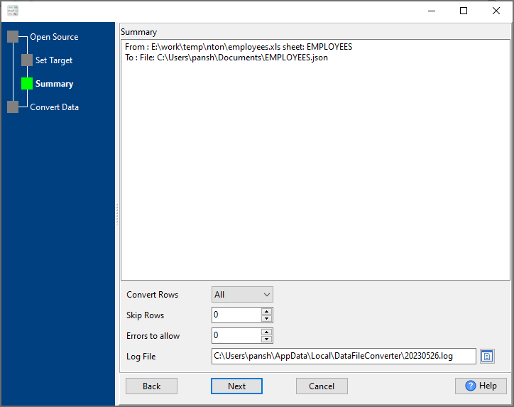 convert Excel file to JSON file - summary