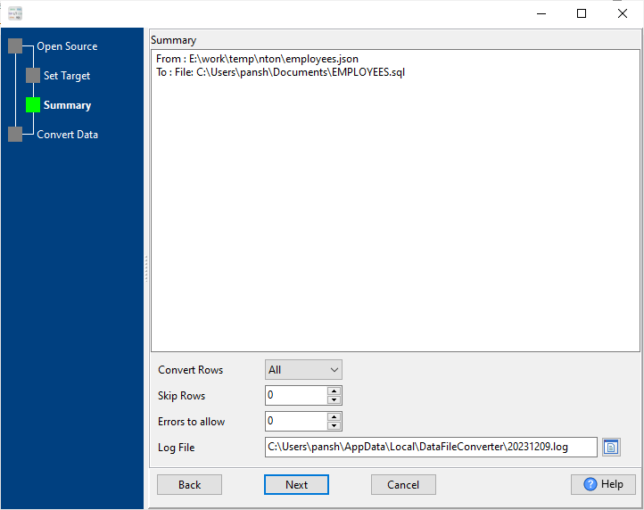 convert JSON file to SQL file - summary