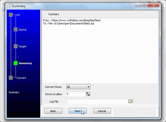 convert online RSS feed to Sql file - summary