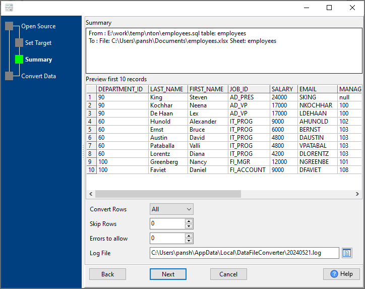 convert SQL file to Excel file - summary