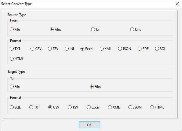 batch transform Excel files to CSV files - select type