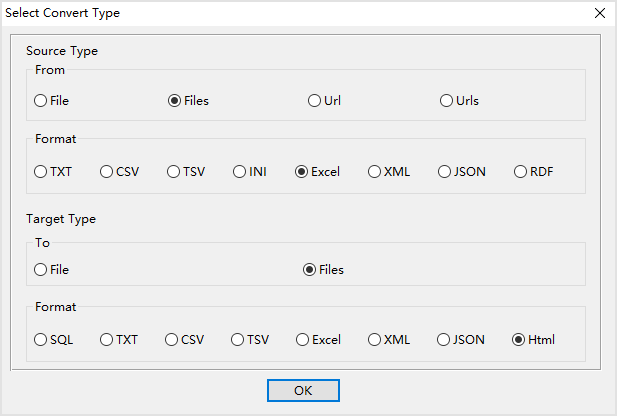 batch transform Excel files to HTML files - select type