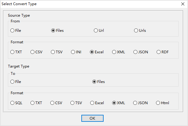 batch transform Excel files to XML files - select type