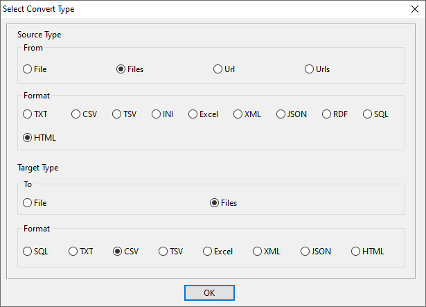 batch transform HTML files to CSV files - select type