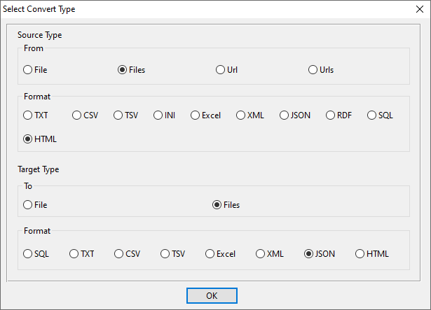 batch transform HTML files to JSON files - select type