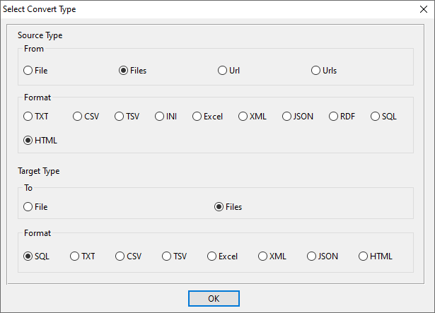 batch transform HTML files to SQL files - select type