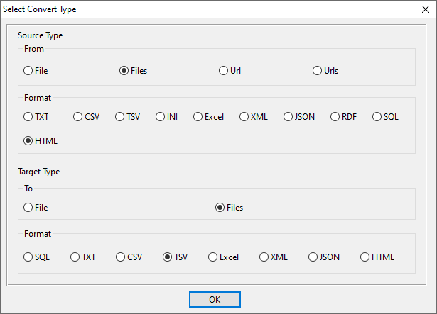 batch transform HTML files to TSV files - select type