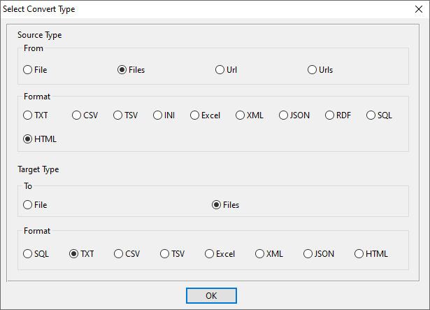 batch transform HTML files to TXT files - select type