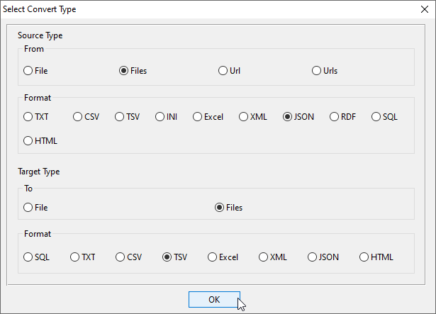 batch transform JSON files to TSV files - select type